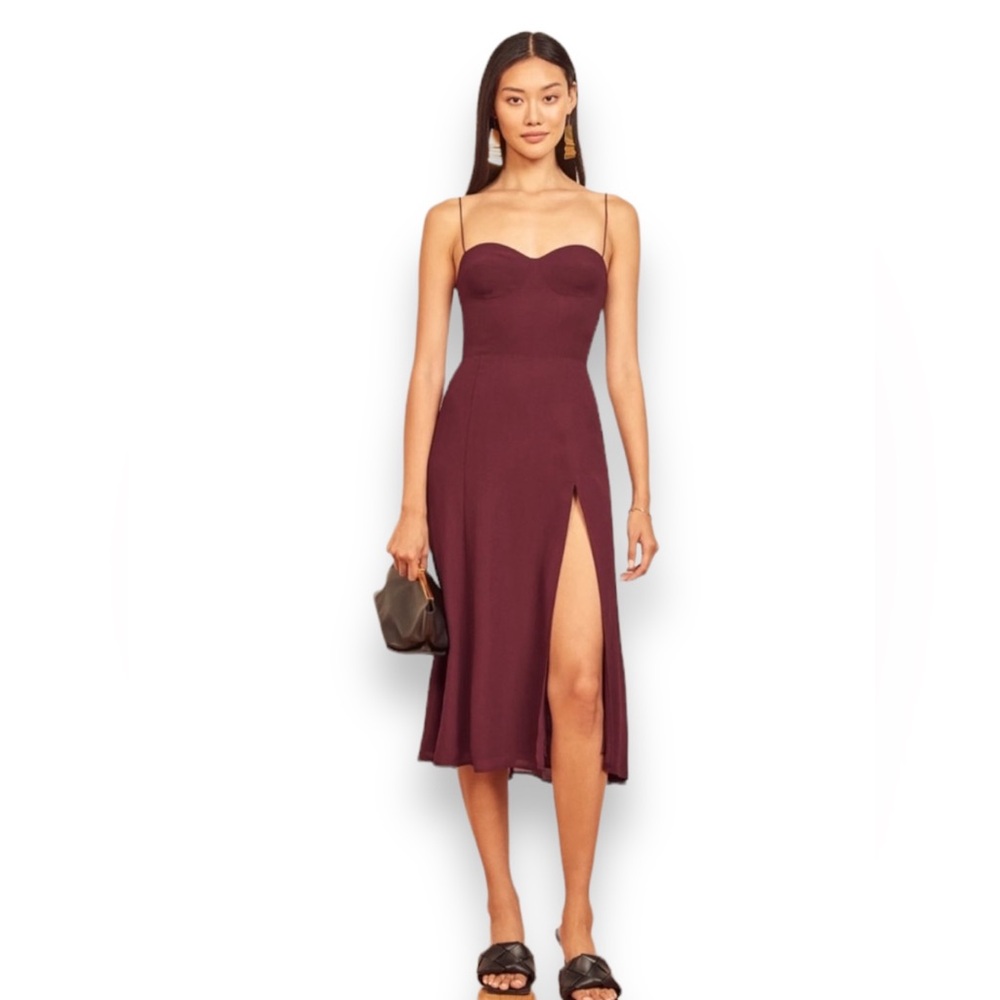 Reformation Juliette Crepe Midi Dress Size 4 Plum Tie Straps High Slit